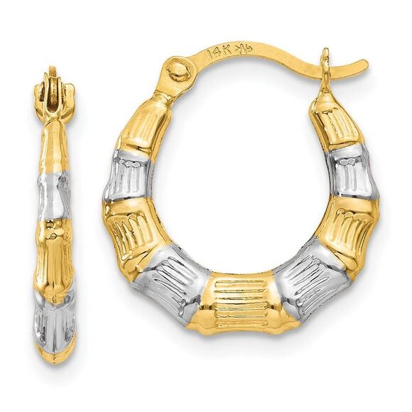 14k Yellow Gold & White Rhodium Bamboo Style Hoop Earrings 13mm
